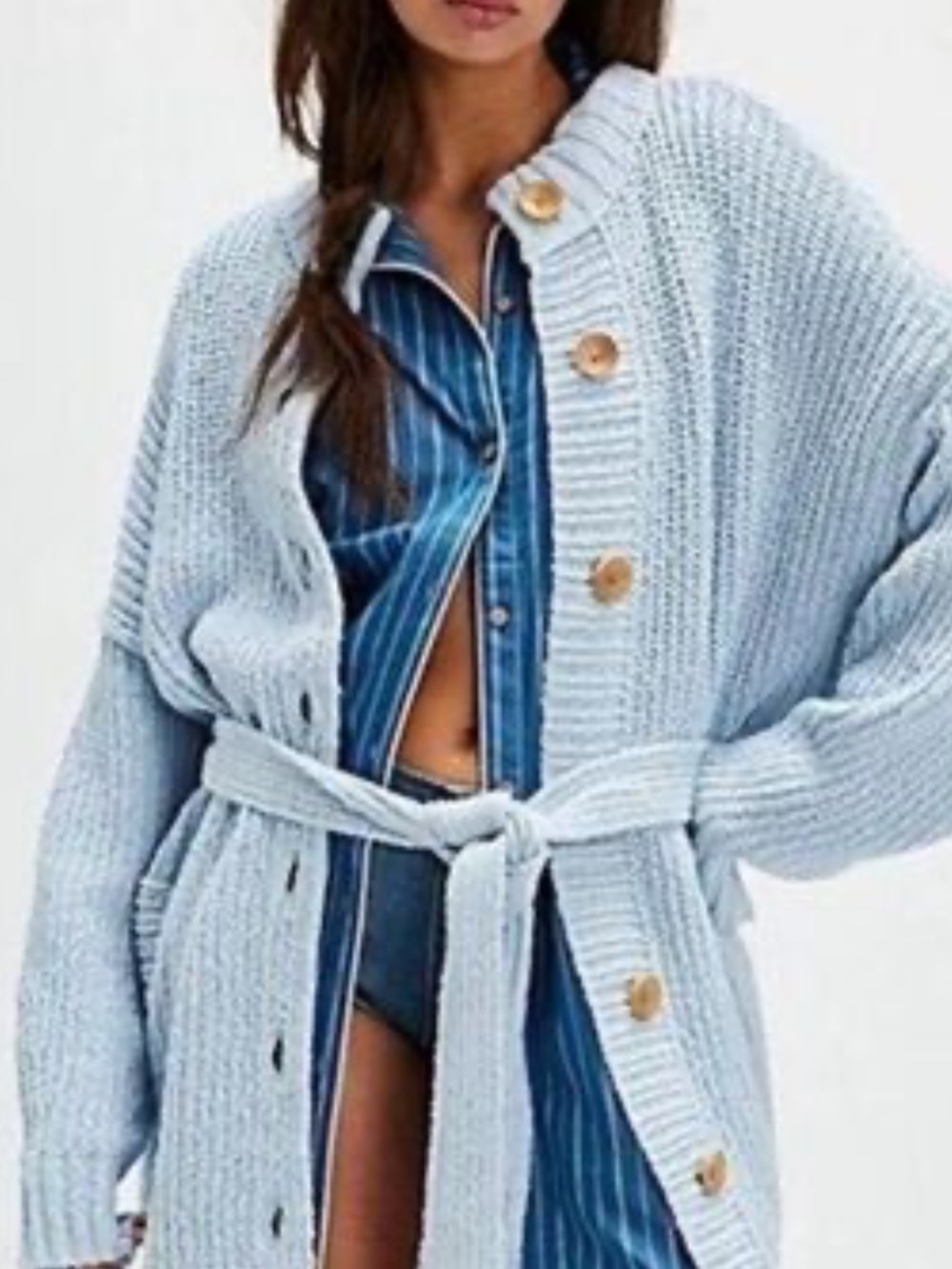 Free People Light Blue Belted Chunky Knit Cardigan Sweater XL Oversized
